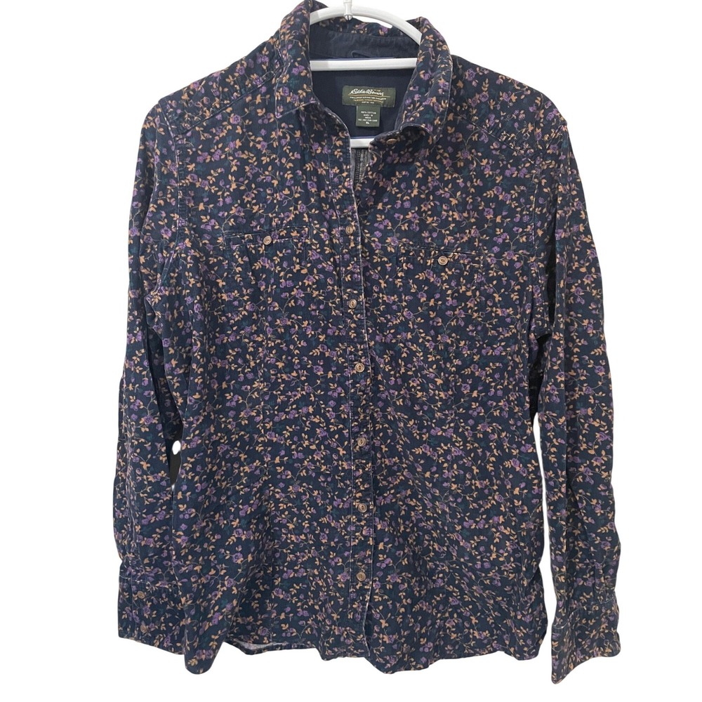 Eddie Bauer Womens XL Navy Blue Floral Corduroy Button Down Shirt Fall Winter